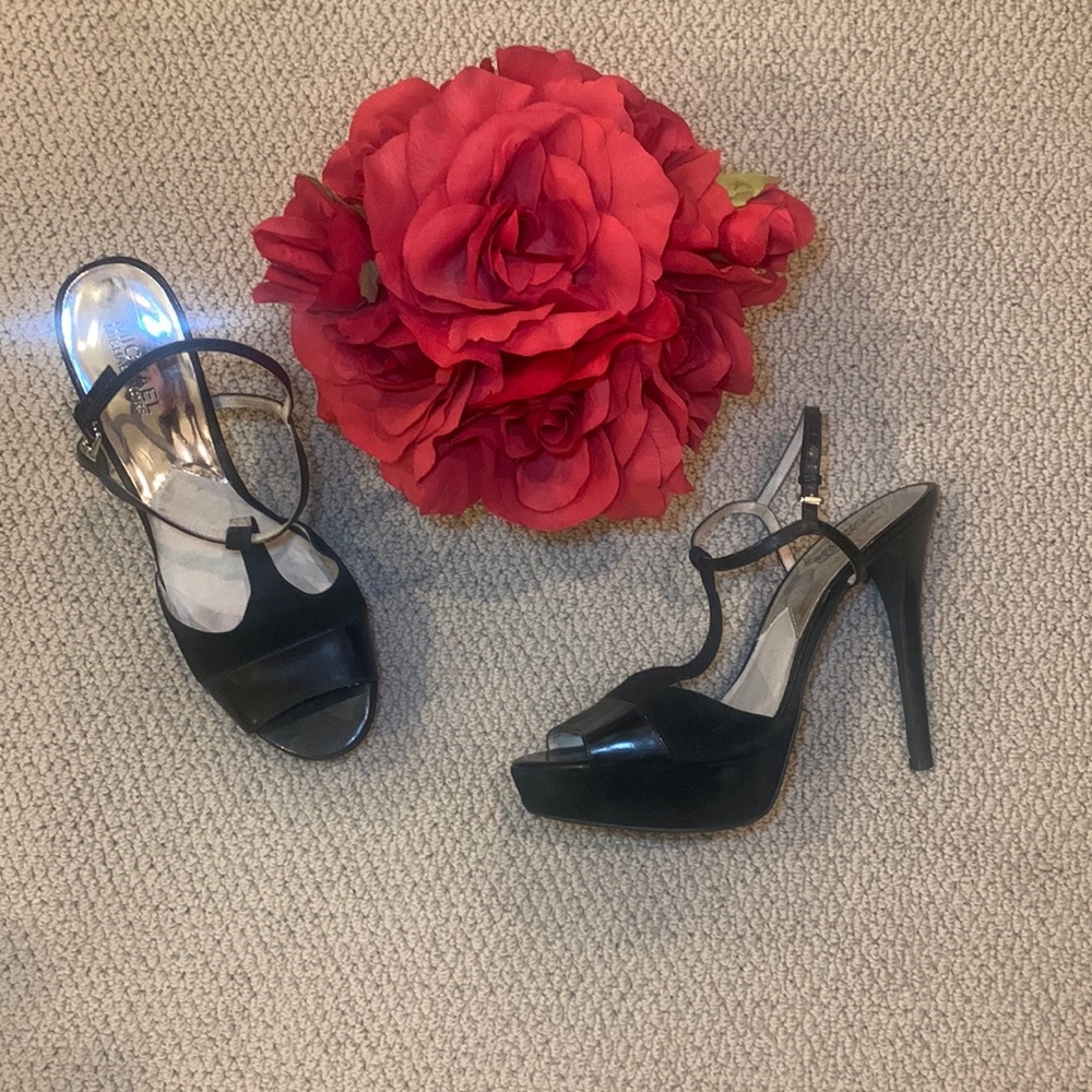 🌹VINTAGE Micheal Kors Vintage Designer Black Leather & Suede Strappy Platform H…